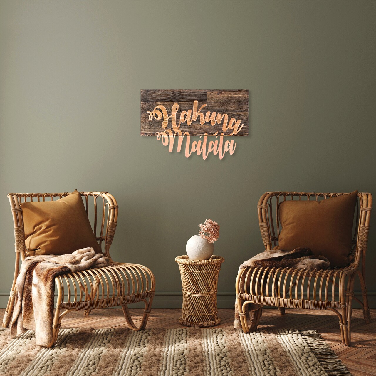 Decoratiune de perete, Hakuna Matata Metal Decor, Dimensiune: 38 x 58 cm, Nuc / Cupru - imagine 7